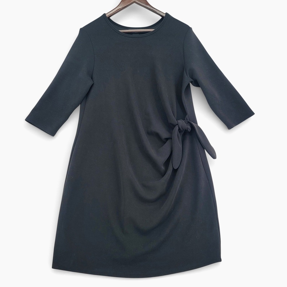 Tahari XL Black Knit Midi Dress Side‎ Tie Waist 3/4 Sleeve Minimalist EUC